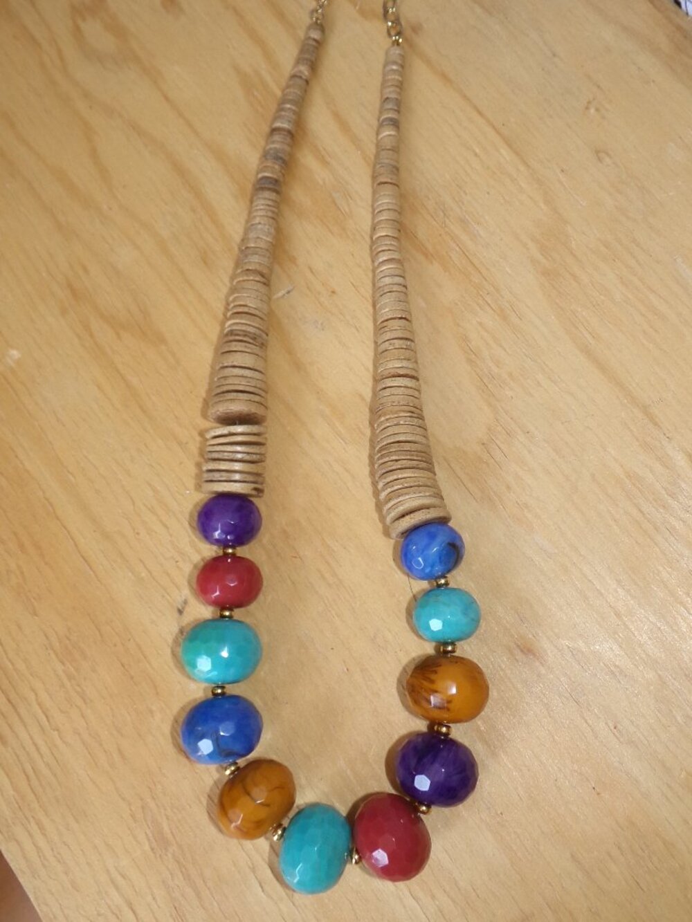Vintage Signed RJ Graziano Wood and Multi Color Faceted Bead Necklace